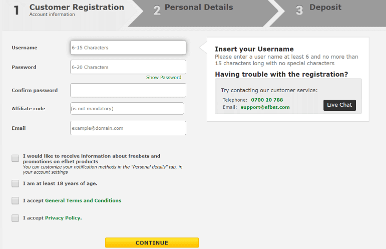 Registration form on Efbet